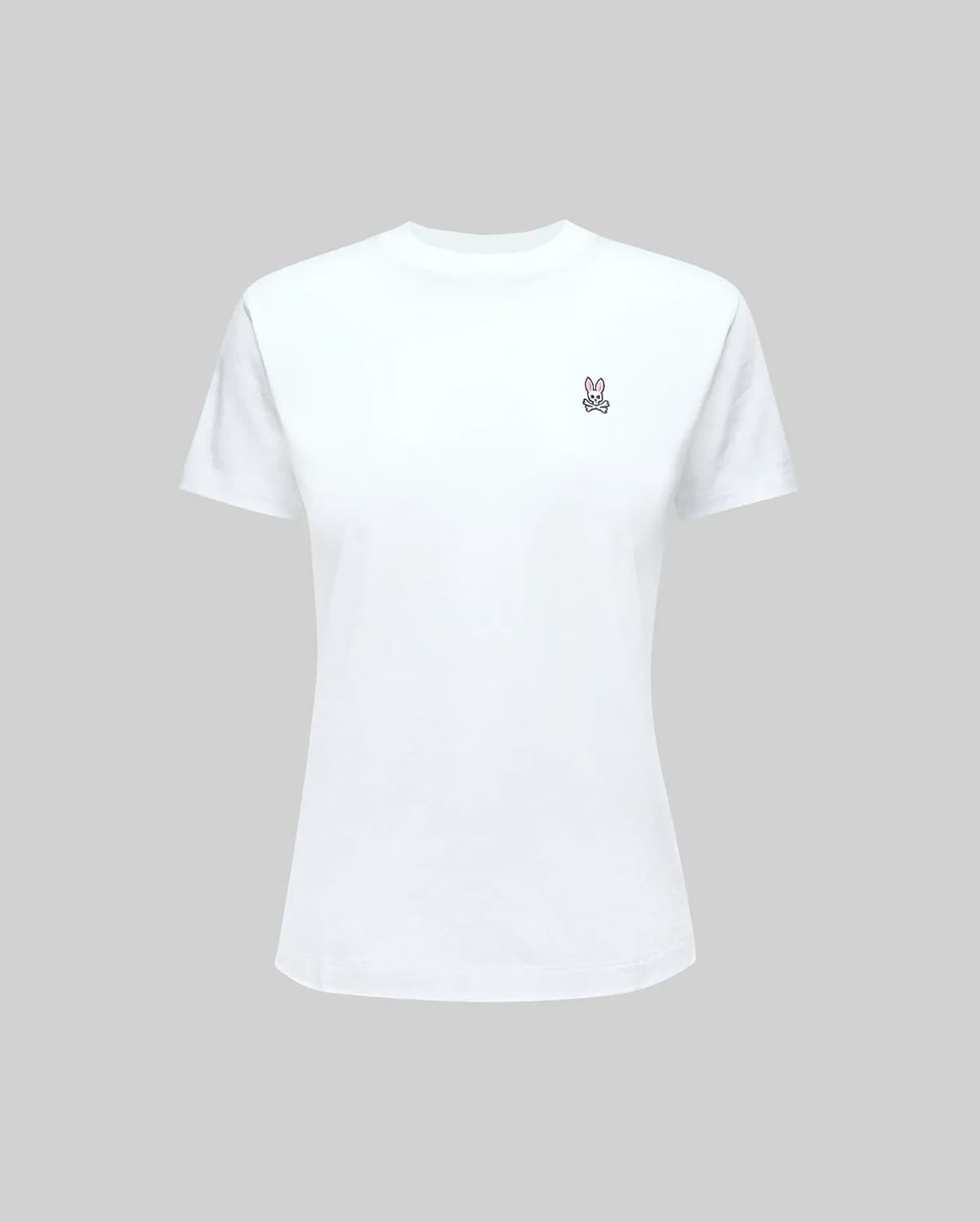 The Psycho Bunny WOMENS CLASSIC TEE - WT0200005 is made from 100% Pima cotton, featuring a rib knit crew neck and a small embroidered peace sign on the left chest. Shown on a light gray background.