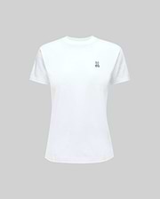 The Psycho Bunny WOMENS CLASSIC TEE - WT0200005 is made from 100% Pima cotton, featuring a rib knit crew neck and a small embroidered peace sign on the left chest. Shown on a light gray background.