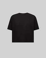 Women's Camille Oversized Fit Tee in black jersey, featuring a small, tone-on-tone embroidered Psycho Bunny skull logo on the left chest and a subtle pink inner collar stripe.