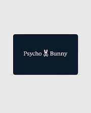 A rectangular card with a dark background features the text "Psycho Bunny Canada" in white. Between the words is a stylized logo of a bunny head with pink ears and a skull and crossbones beneath it. You can check your balance or redeem your Digital Gift Card for exclusive Psycho Bunny apparel using their digital platform. (1)