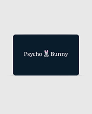 A rectangular card with a dark background features the text "Psycho Bunny Canada" in white. Between the words is a stylized logo of a bunny head with pink ears and a skull and crossbones beneath it. You can check your balance or redeem your Digital Gift Card for exclusive Psycho Bunny apparel using their digital platform. (1)