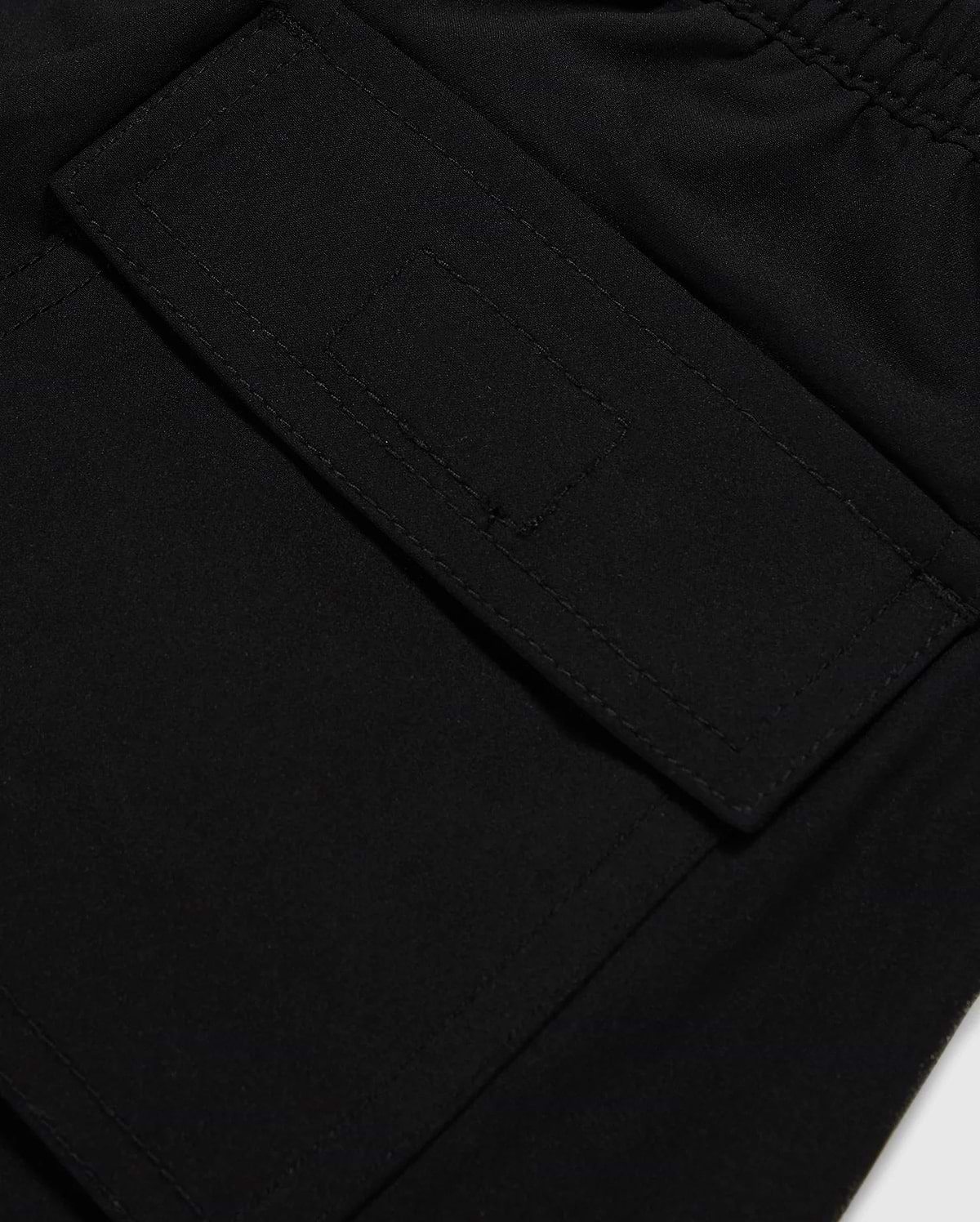 Close-up image of a black fabric pocket with a flap and Velcro closure. The pocket is attached to the KIDS MALTA HYDROCHROMIC SWIM TRUNK - B0W321B2SW by Psycho Bunny, adorned with a playful bunny pattern, and the stitching around the edges is clearly visible. The fabric appears to be smooth and durable.