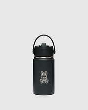 The KIDS PSYCHO BUNNY WATER BOTTLE - B0A375E200 by Psycho Bunny is a black, stainless steel, leak-resistant insulated bottle with a handle on top and features a unique skull with rabbit ears logo on the front against a plain white background.