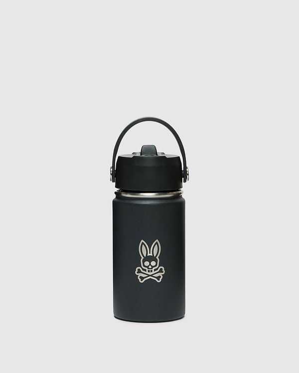 The KIDS PSYCHO BUNNY WATER BOTTLE - B0A375E200 by Psycho Bunny is a black, stainless steel, leak-resistant insulated bottle with a handle on top and features a unique skull with rabbit ears logo on the front against a plain white background.