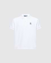 The Psycho Bunny KIDS CLASSIC PIQUE POLO SHIRT - B0K001CRPC is perfect for back-to-school. It features short sleeves, a collar, and an embroidered bunny logo on the left chest against a plain light gray background.
