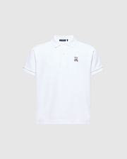 The Psycho Bunny KIDS CLASSIC PIQUE POLO SHIRT - B0K001CRPC is perfect for back-to-school. It features short sleeves, a collar, and an embroidered bunny logo on the left chest against a plain light gray background.
