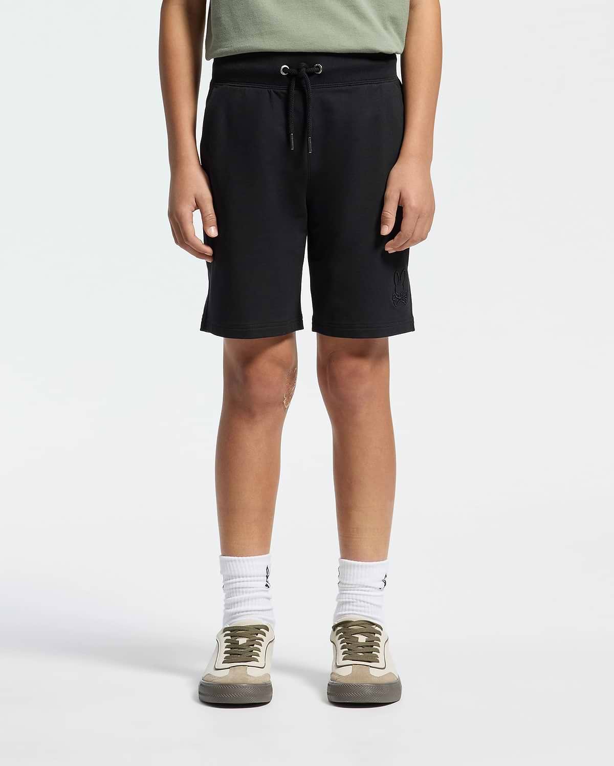 Kids | Kids' Black French terry sweatshorts with a soft feel, elastic waistband, and side pockets for comfort.