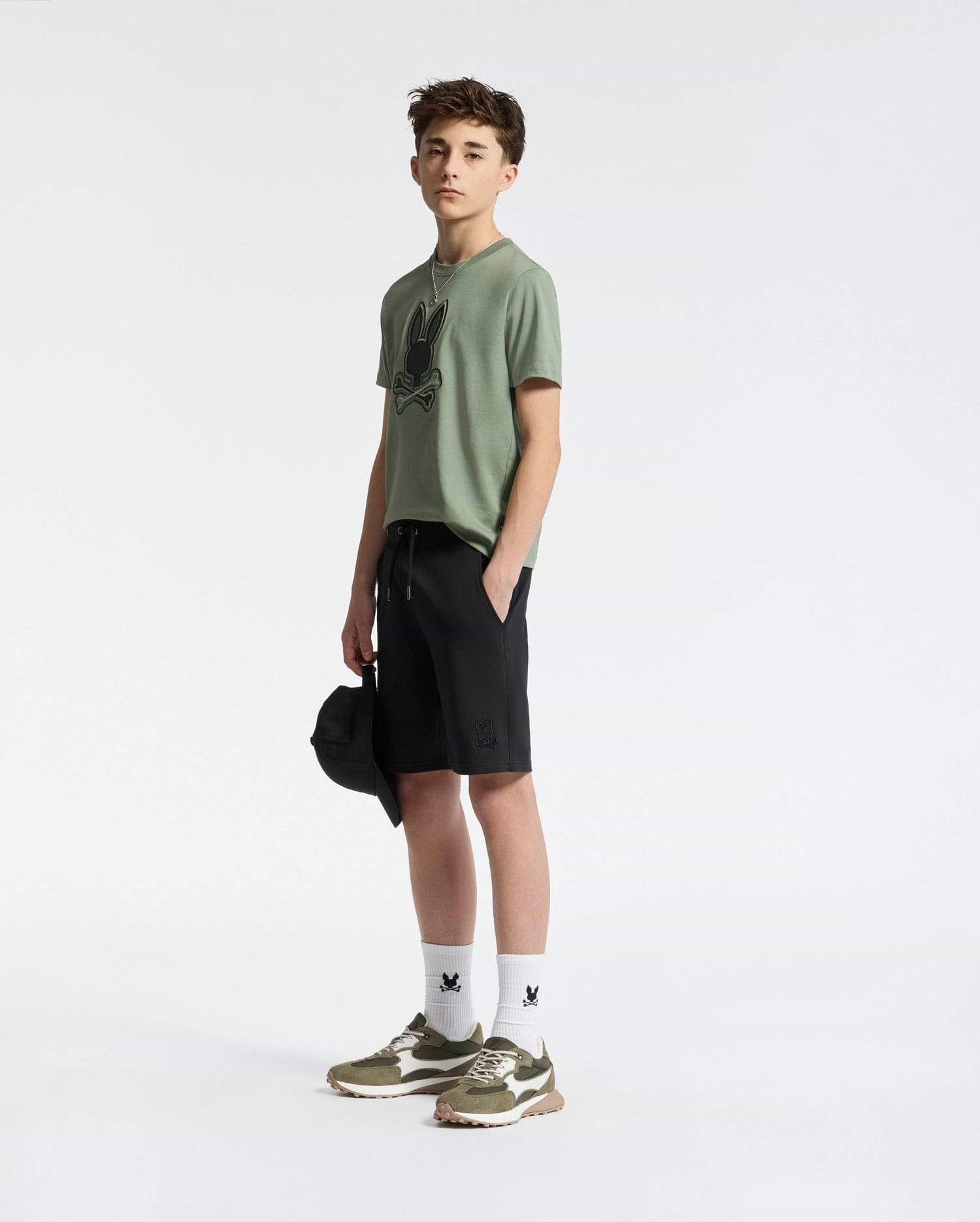 Teen | Kids' Black French terry sweatshorts with a soft feel, elastic waistband, and side pockets for comfort.