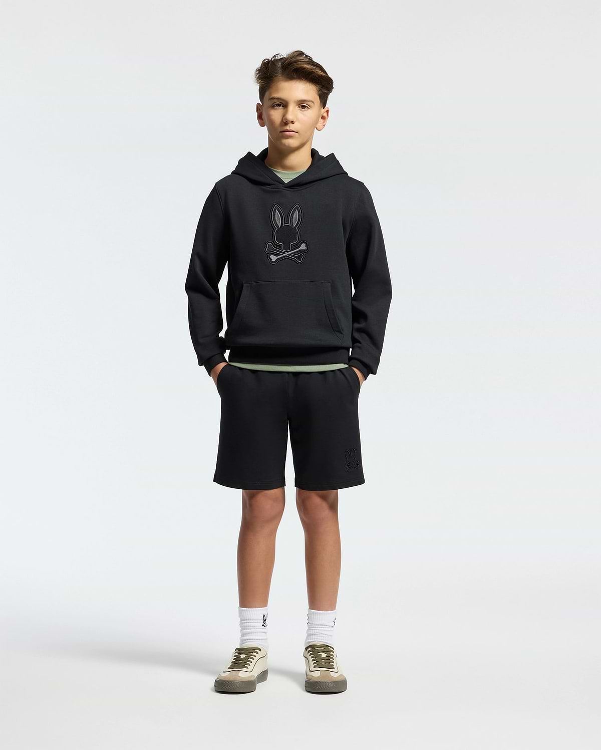 Kids | Kids' Black French terry sweatshorts with a soft feel, elastic waistband, and side pockets for comfort.