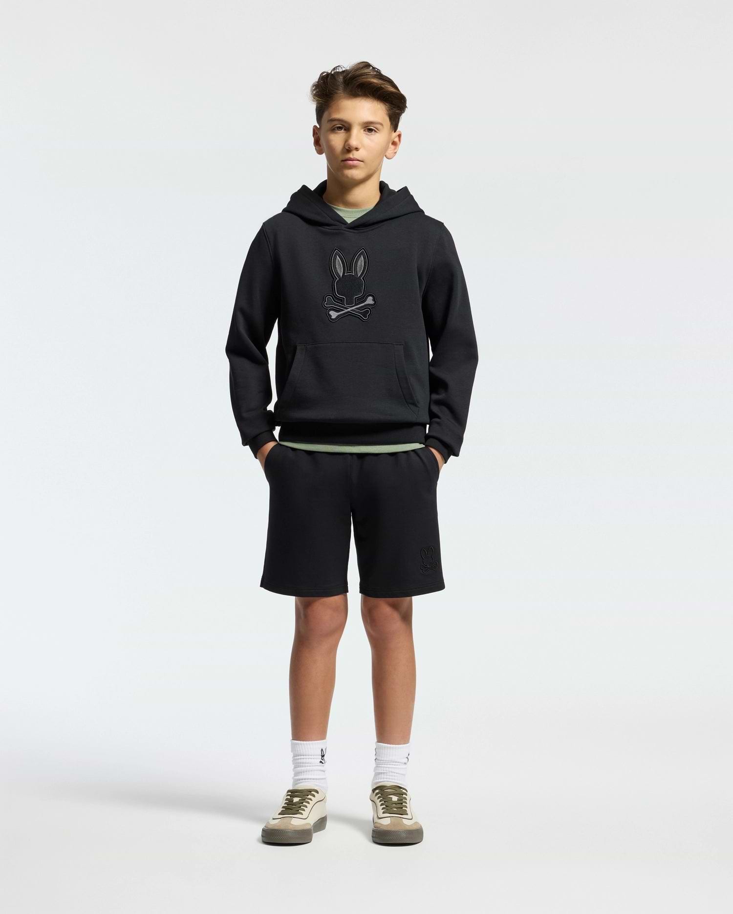 Kids | Kids' Black French terry sweatshorts with a soft feel, elastic waistband, and side pockets for comfort.