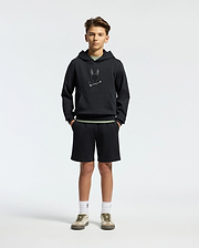 Kids | Kids' Black French terry sweatshorts with a soft feel, elastic waistband, and side pockets for comfort.