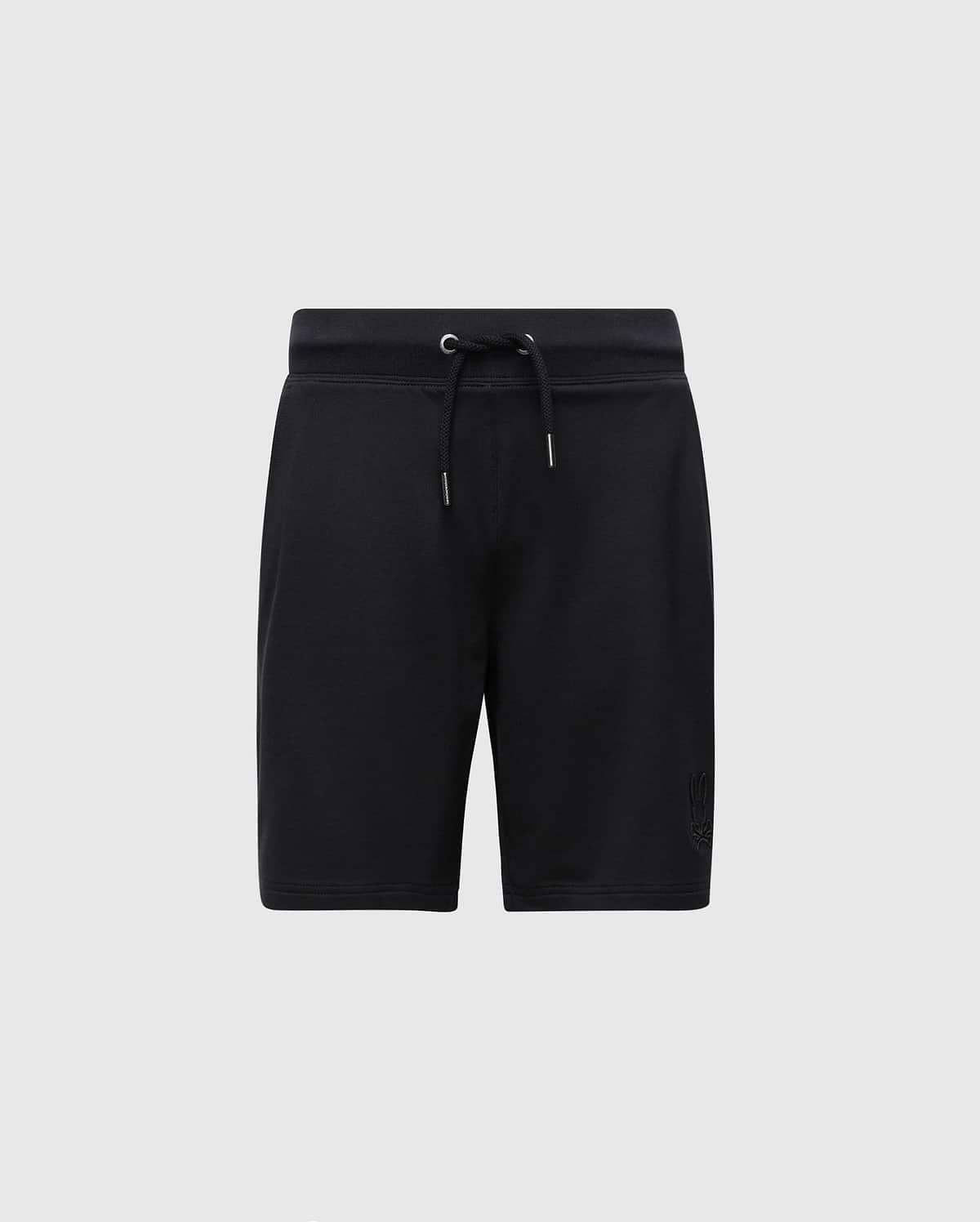 Psycho Bunny's Kids Levanzo French Terry Sweatshort (B0R578F200) features a micro French Terry fabric in black, with an elastic waistband and drawstring. A subtle logo adorns the lower left leg, set elegantly against a light gray background.