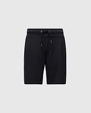 Psycho Bunny's Kids Levanzo French Terry Sweatshort (B0R578F200) features a micro French Terry fabric in black, with an elastic waistband and drawstring. A subtle logo adorns the lower left leg, set elegantly against a light gray background.