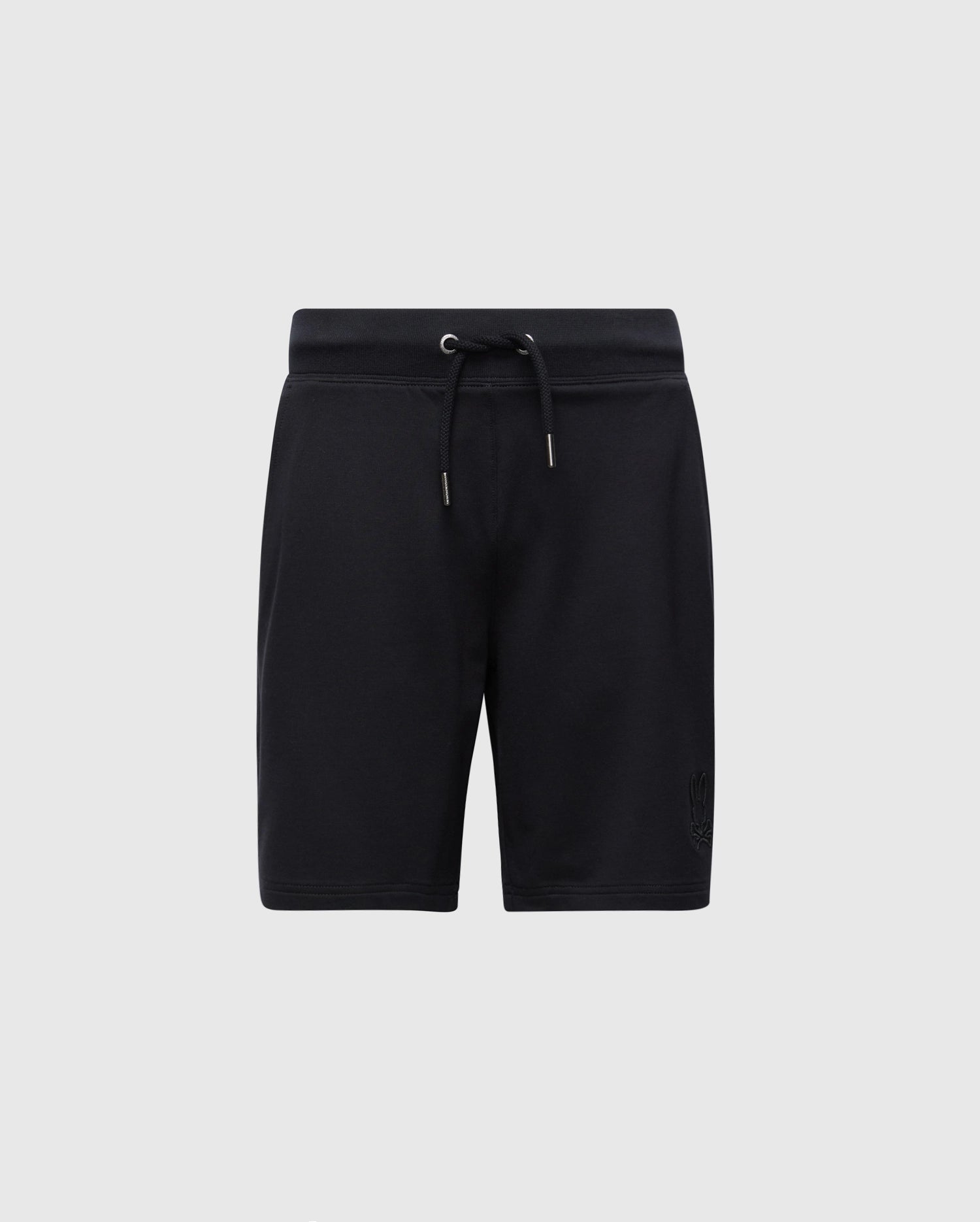 Psycho Bunny's Kids Levanzo French Terry Sweatshort (B0R578F200) features a micro French Terry fabric in black, with an elastic waistband and drawstring. A subtle logo adorns the lower left leg, set elegantly against a light gray background.