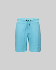 The Psycho Bunny KIDS LEVANZO EMBROIDERED MICRO FRENCH TERRY SWEATSHORT (B0R578F200) in light blue, shown on a plain gray background, features soft micro French Terry fabric and an embroidered bunny logo on the lower left leg.