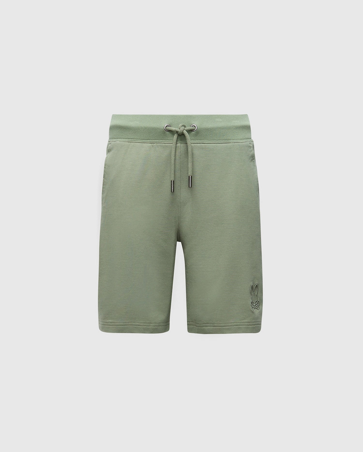 The KIDS LEVANZO FRENCH TERRY SWEATSHORT by Psycho Bunny features a drawstring waist and a small embroidered design on the lower left. Made from stretch cotton jersey, these green shorts offer soft comfort perfect for casual wear against a plain white background.