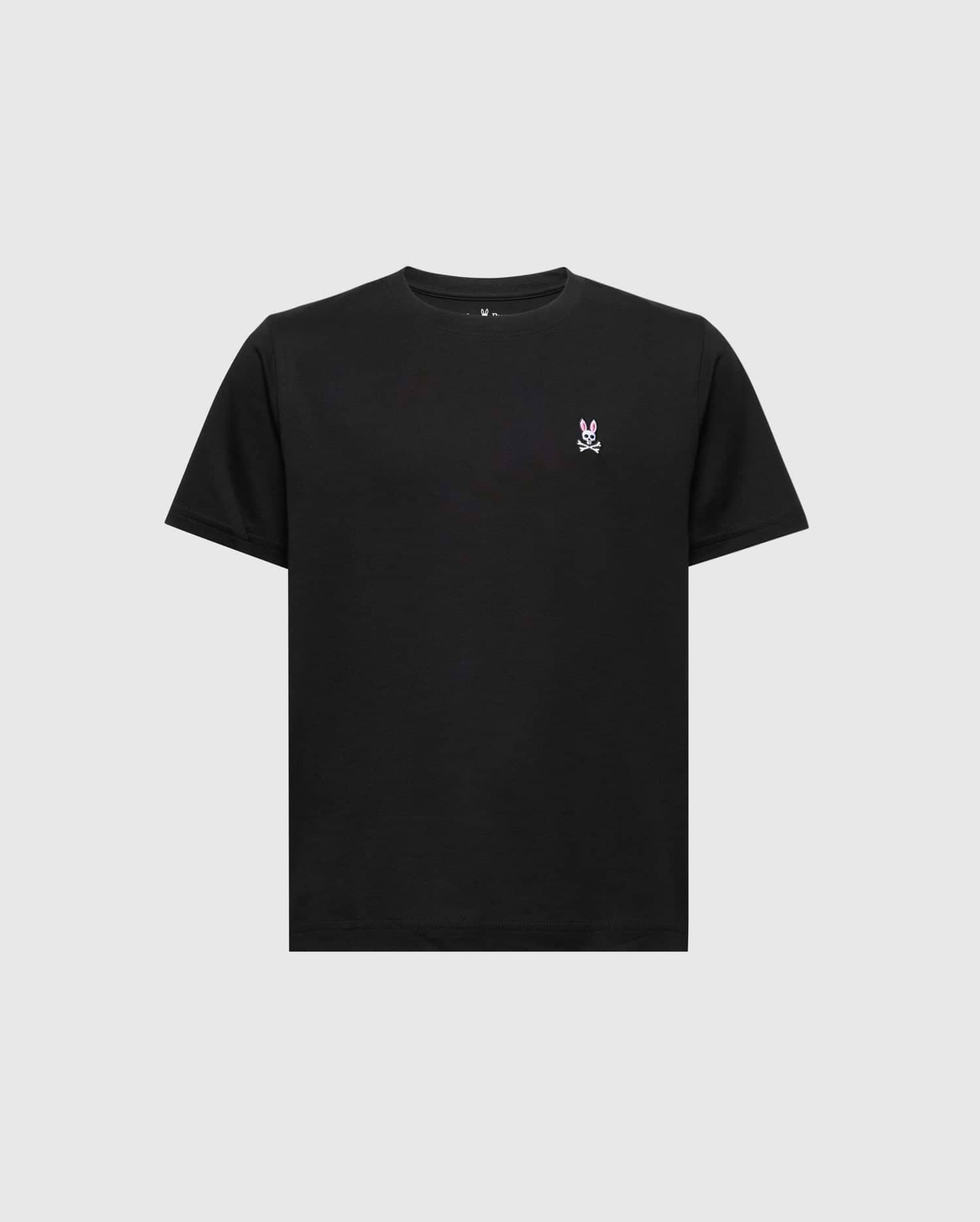 Psycho Bunny's KIDS CLASSIC CREW NECK TEE (B0U014CRPC) features a classic black design made from 100% Pima cotton, with a minimal graphic logo on the left chest. This shirt boasts a round neckline and short sleeves, ideal for back-to-school outfits against a plain white background.