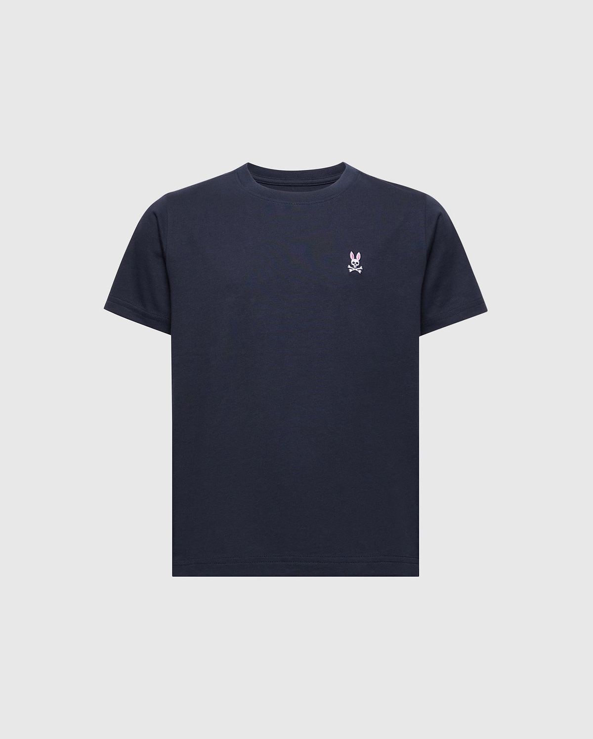 The Psycho Bunny KIDS CLASSIC CREW NECK TEE (B0U014CRPC) is a versatile black T-shirt made from 100% Pima cotton. It features a small white logo with crossed bones on the left chest, offering a minimalist design perfect for back-to-school outfits, with short sleeves and a crew neckline.