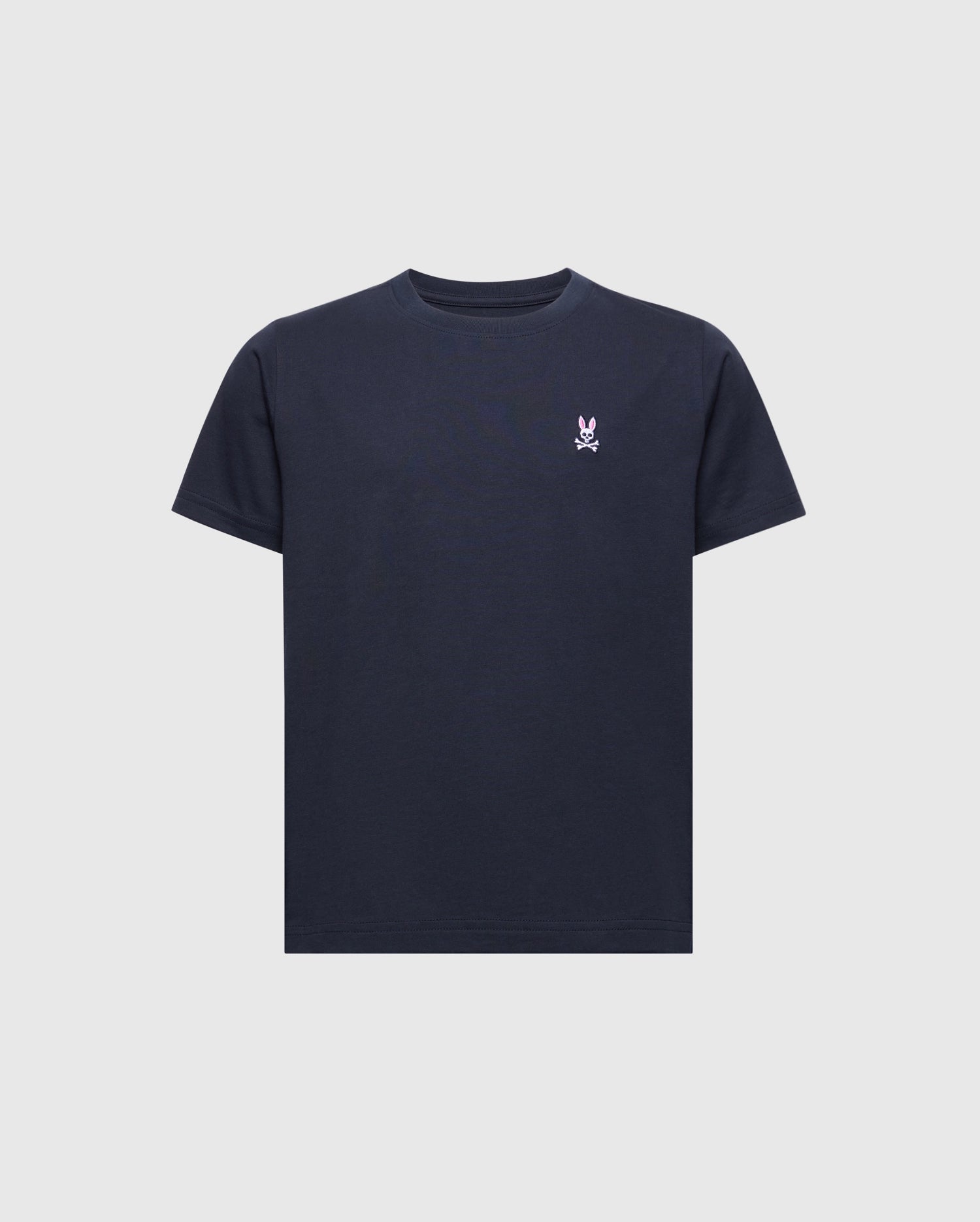 The Psycho Bunny KIDS CLASSIC CREW NECK TEE (B0U014CRPC) is a versatile black T-shirt made from 100% Pima cotton. It features a small white logo with crossed bones on the left chest, offering a minimalist design perfect for back-to-school outfits, with short sleeves and a crew neckline.