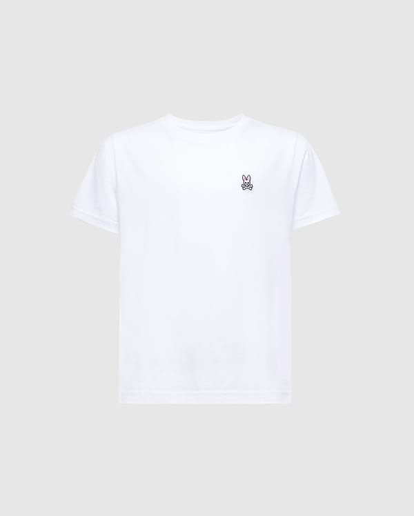 The KIDS CLASSIC CREW NECK TEE - B0U014CRPC by Psycho Bunny is a white tee crafted from 100% Pima cotton, adorned with a small embroidered bunny logo on the left chest, set against a plain gray background—ideal for kids' back-to-school outfits.