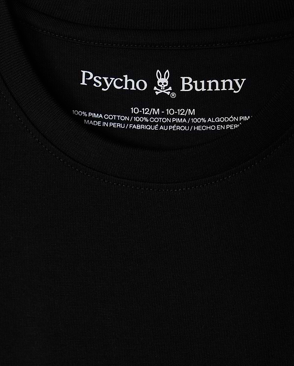 Close-up of a black KIDS HAWAII CITY TEE (B0U169Y1PC) by Psycho Bunny, crafted from Pima cotton with the brand name and bunny logo at the neckline. Includes size and fabric details, highlighting it's made in Peru, paralleling the volcanic islands' rich natural beauty.