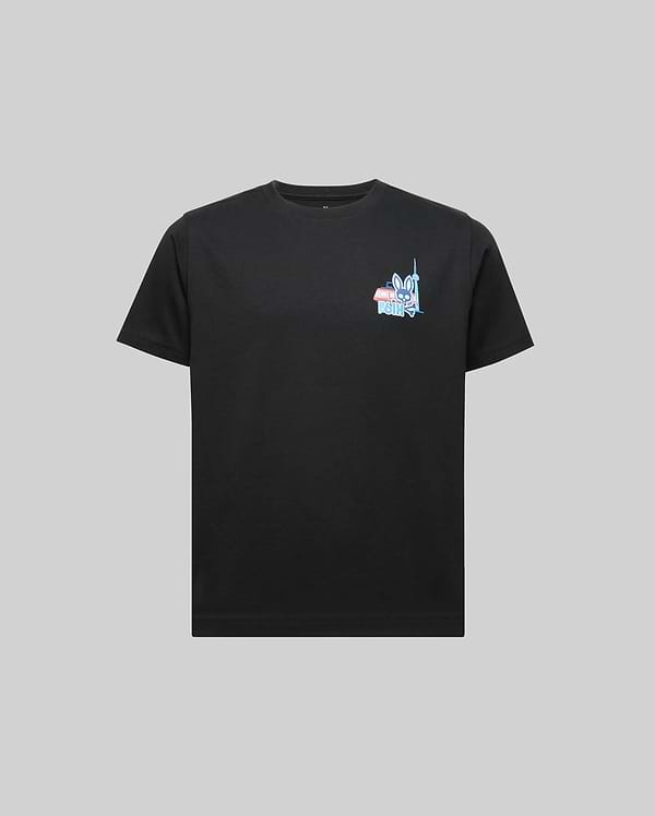 The Psycho Bunny KIDS TORONTO TEE - B0U383F200 is a black Pima cotton short-sleeve shirt with a small, colorful cartoon graphic of a blue character in a red beanie on the left chest, shown on a plain gray background.