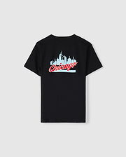 The Kids Chicago City Tee by Psycho Bunny, available in black, is made from soft Pima cotton jersey and showcases a light blue skyline silhouette with "Chicago" prominently written in red cursive below. This eye-catching design is centered on the back of the T-shirt.