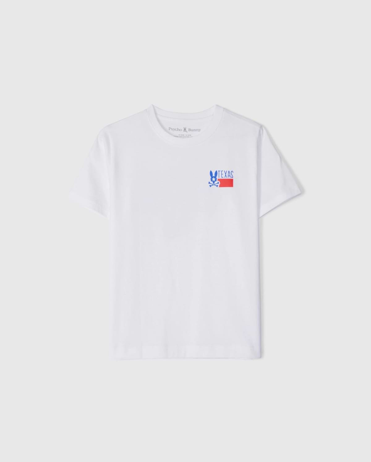 The KIDS TEXAS CITY TEE by Psycho Bunny, model B0U553B2PC, is a white tee made from soft Peruvian Pima cotton. It features a vibrant blue bunny graphic and "TEXAS" in blue and red on the left chest, with short sleeves and a round neckline, ideal for Texas city style fans.