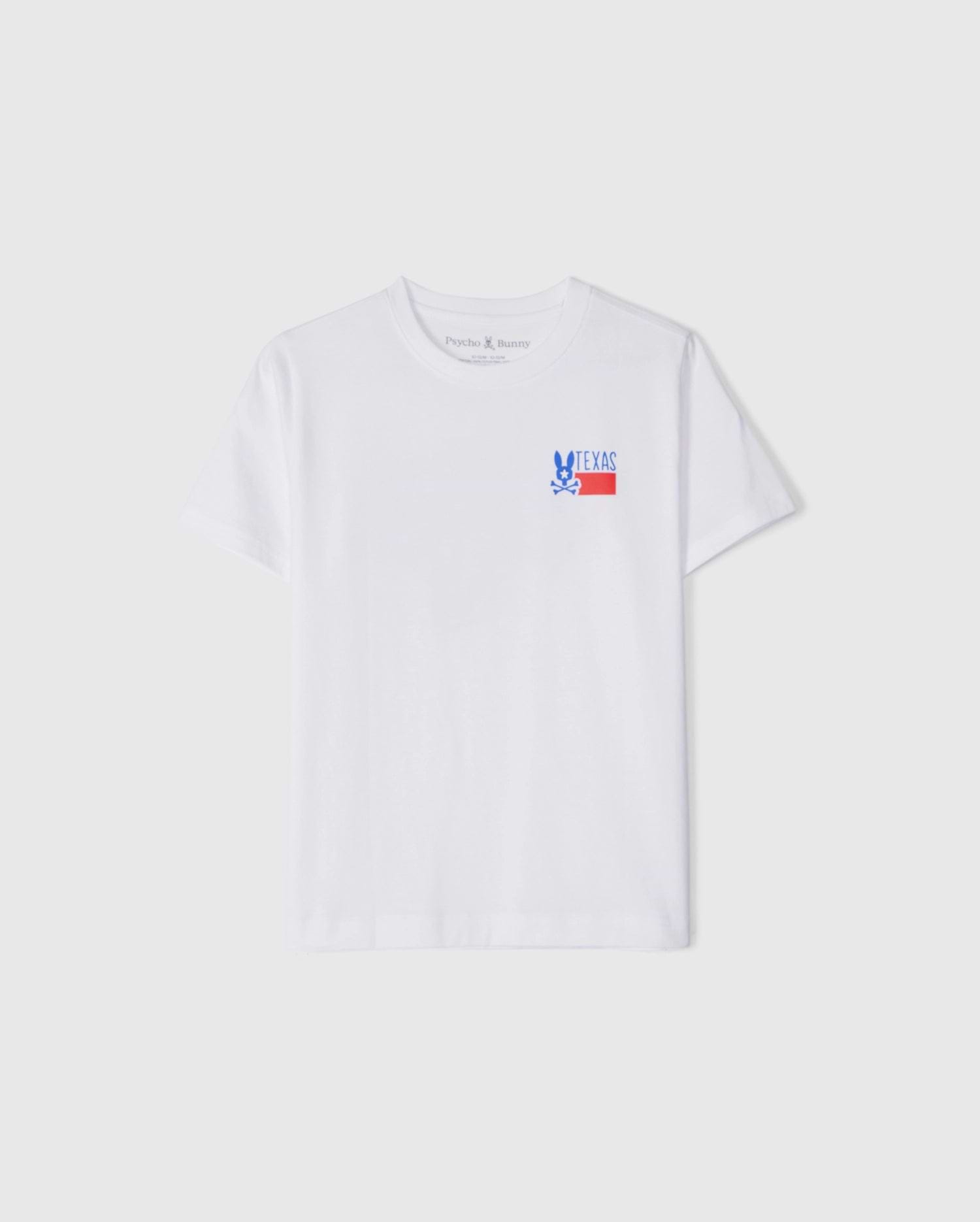 The KIDS TEXAS CITY TEE by Psycho Bunny, model B0U553B2PC, is a white tee made from soft Peruvian Pima cotton. It features a vibrant blue bunny graphic and "TEXAS" in blue and red on the left chest, with short sleeves and a round neckline, ideal for Texas city style fans.