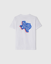 Discover the KIDS TEXAS CITY TEE - B0U553B2PC by Psycho Bunny, a white tee crafted from premium Peruvian Pima cotton. It features a vibrant Texas graphic with "Psycho Bunny" text in blue and red, complemented by a small bunny logo.