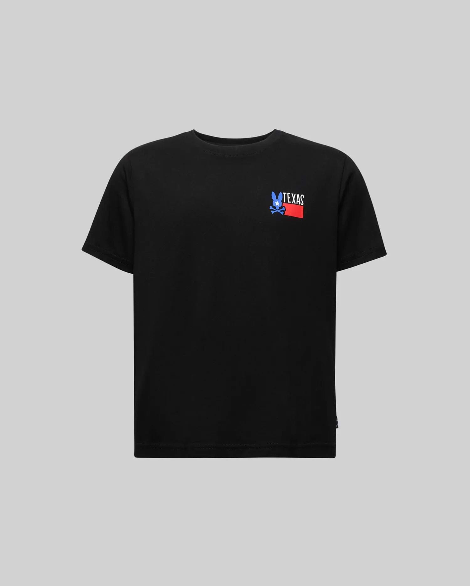 The Psycho Bunny KIDS TEXAS TEE (B0U553W1PC) is a black short-sleeve Pima cotton t-shirt with a small Bunny graphic and "TEXAS" in white beside a red rectangular shape on the left chest.