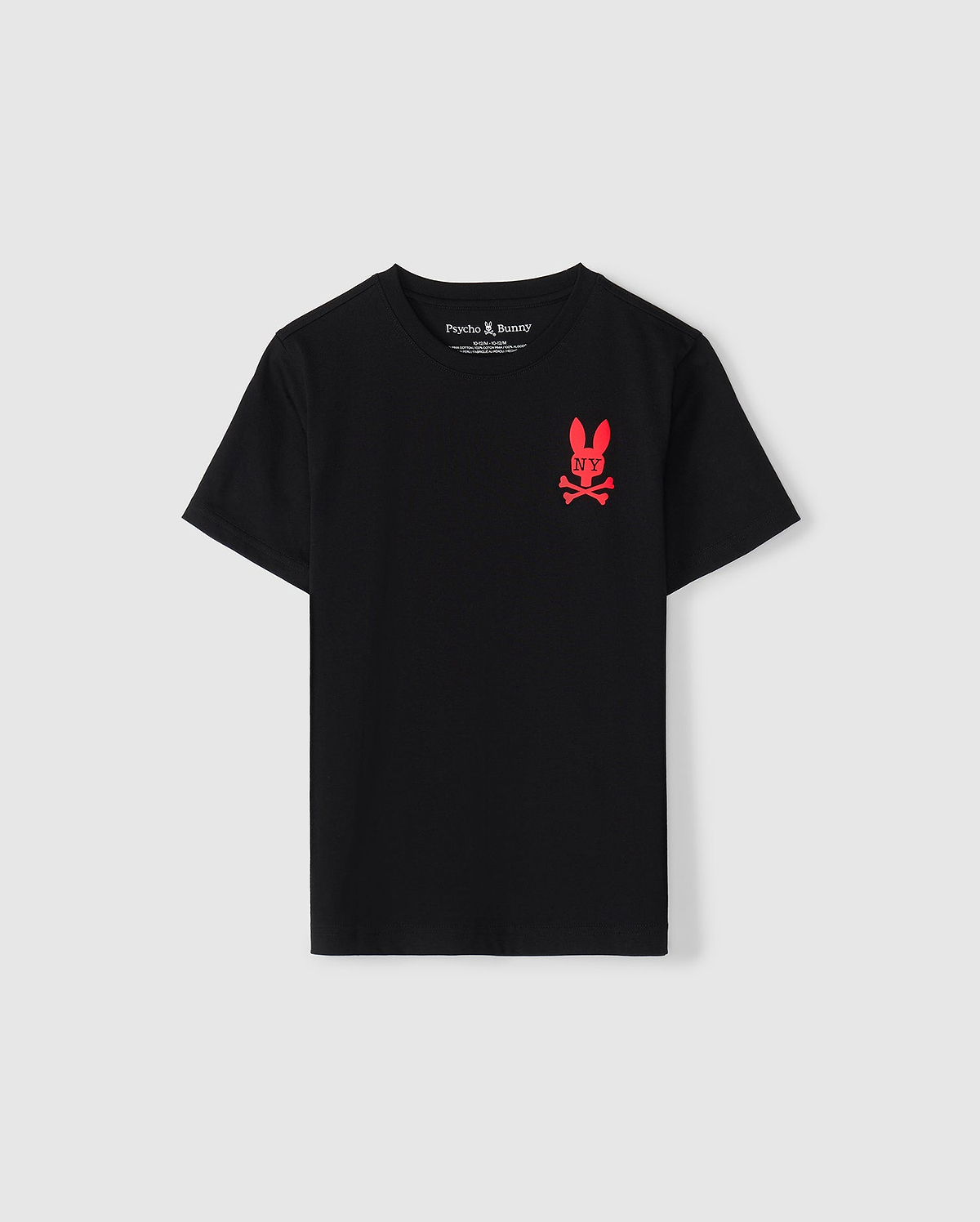 This black KIDS NEW YORK CITY TEE - B0U554W1PC by Psycho Bunny is crafted from premium Pima cotton. It features a striking red graphic on the left chest, showcasing a skull and crossbones design with playful bunny ears.