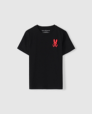 This black KIDS NEW YORK CITY TEE - B0U554W1PC by Psycho Bunny is crafted from premium Pima cotton. It features a striking red graphic on the left chest, showcasing a skull and crossbones design with playful bunny ears.