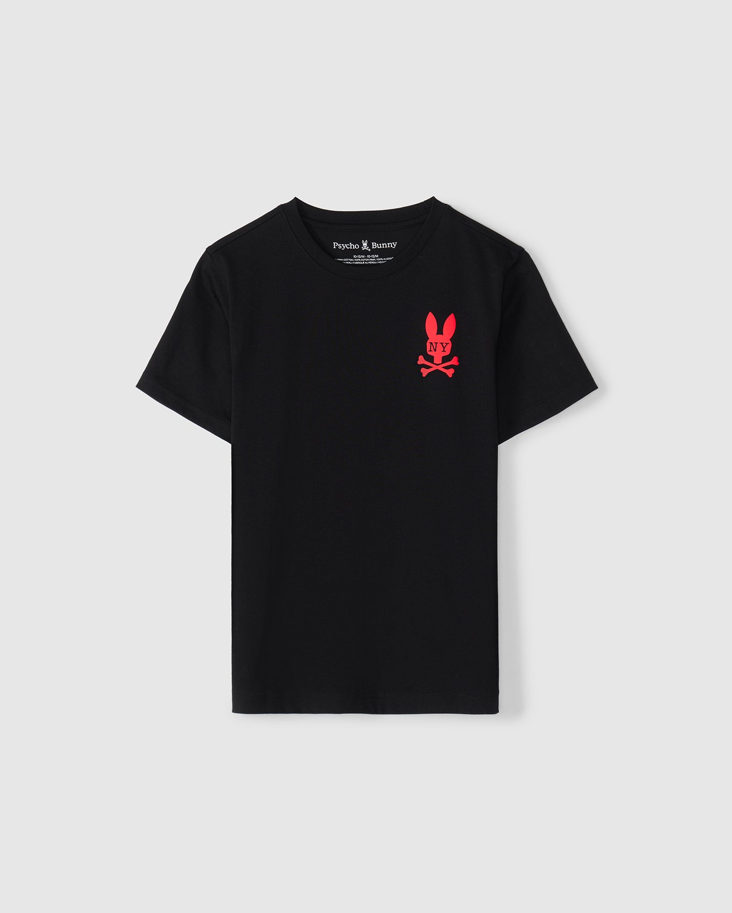 This black KIDS NEW YORK CITY TEE - B0U554W1PC by Psycho Bunny is crafted from premium Pima cotton. It features a striking red graphic on the left chest, showcasing a skull and crossbones design with playful bunny ears.