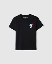 The KIDS LOS ANGELES CITY TEE - B0U861A2PC by Psycho Bunny is a black, short-sleeved, round-neck T-shirt made from Peruvian Pima cotton. It features a small, colorful graphic design of a rabbit wearing sunglasses and holding palm leaves on the left chest area, with vibrant red and blue colors that stand out brilliantly.