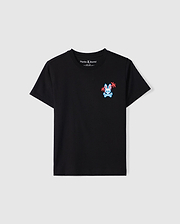 The KIDS LOS ANGELES CITY TEE - B0U861A2PC by Psycho Bunny is a black, short-sleeved, round-neck T-shirt made from Peruvian Pima cotton. It features a small, colorful graphic design of a rabbit wearing sunglasses and holding palm leaves on the left chest area, with vibrant red and blue colors that stand out brilliantly.