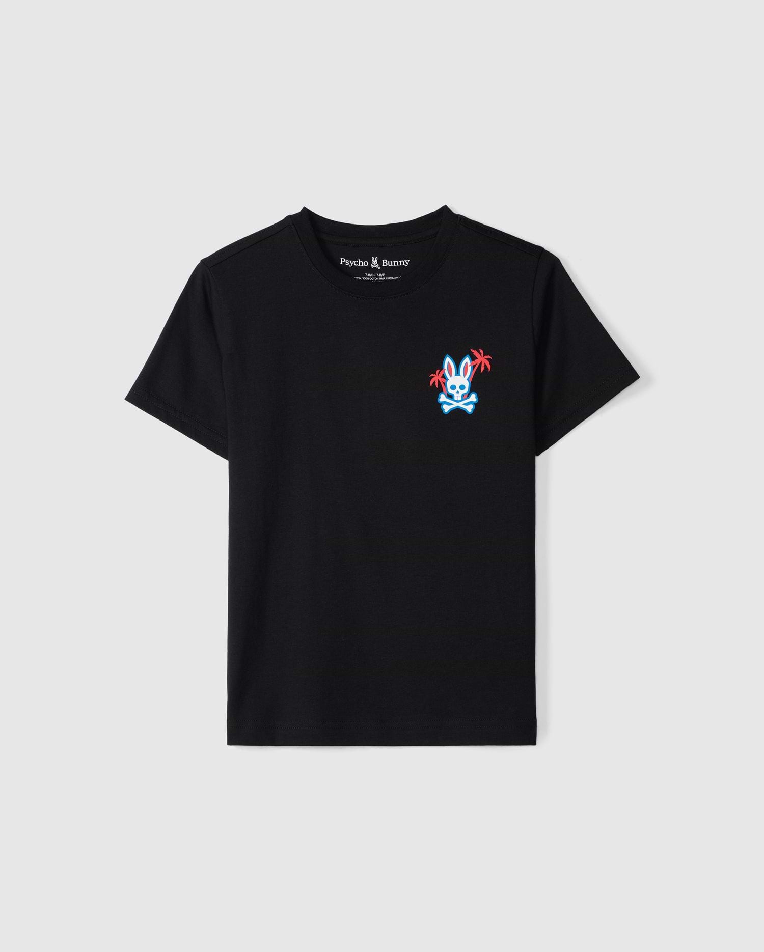 The KIDS LOS ANGELES CITY TEE - B0U861A2PC by Psycho Bunny is a black, short-sleeved, round-neck T-shirt made from Peruvian Pima cotton. It features a small, colorful graphic design of a rabbit wearing sunglasses and holding palm leaves on the left chest area, with vibrant red and blue colors that stand out brilliantly.