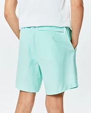 Kids Samos Hydrochromic Printed Swim Trunk in light green, featuring a relaxed fit, elastic waistband, side pockets, and a back pocket, made from smooth quick-dry fabric.
