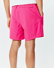 Kids Samos Hydrochromic Printed Swim Trunk in vibrant hot pink, featuring a relaxed fit, smooth quick-dry fabric, elastic waistband, side pockets, and a back flap pocket.