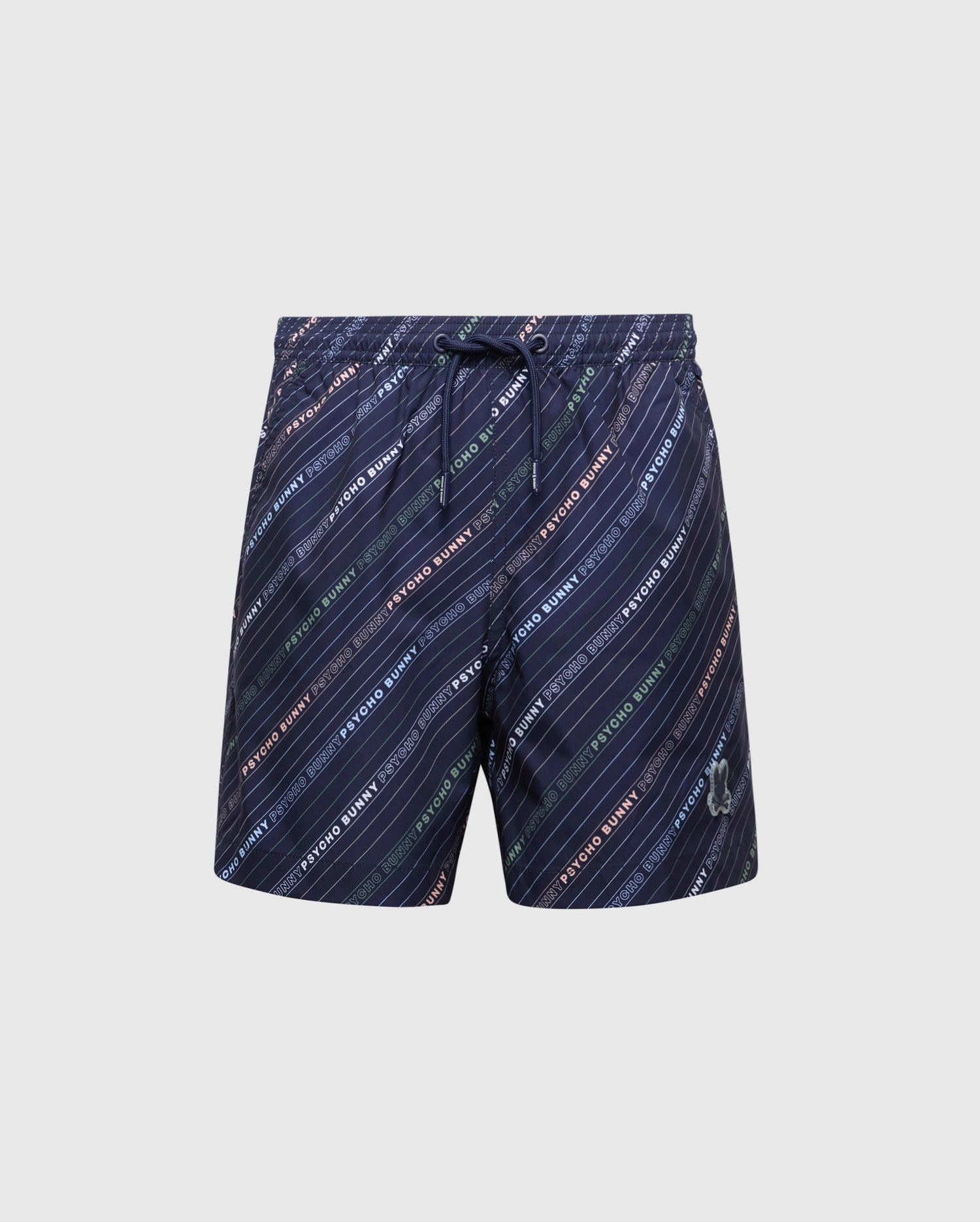 The Psycho Bunny KIDS RENMARK PB PRINTED SWIM TRUNK - B0W622F200 are navy blue polyester stretch shorts with a drawstring waistband. They feature colorful diagonal stripes and the words "retro blend" in white, green, blue, and red, along with an embroidered logo on the lower left leg.
