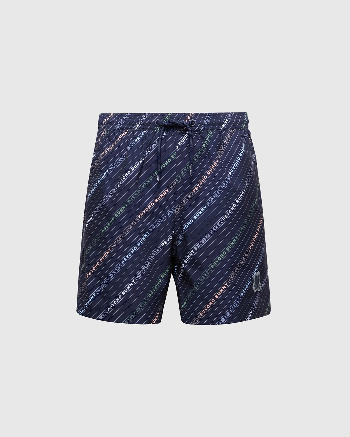The Psycho Bunny KIDS RENMARK PB PRINTED SWIM TRUNK - B0W622F200 are navy blue polyester stretch shorts with a drawstring waistband. They feature colorful diagonal stripes and the words "retro blend" in white, green, blue, and red, along with an embroidered logo on the lower left leg.