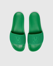 Vibrant green Mens Knit Slides featuring a textured knit strap with a prominent embossed Psycho Bunny skull logo and a comfortable, textured footbed.