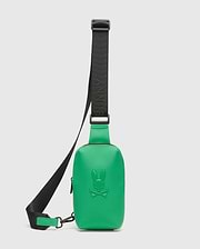 Mens Rubberized Crossbody in vibrant green with a smooth, rubberized texture, featuring a large embossed Psycho Bunny skull logo on the front and an adjustable black strap with Psycho Bunny branding.
