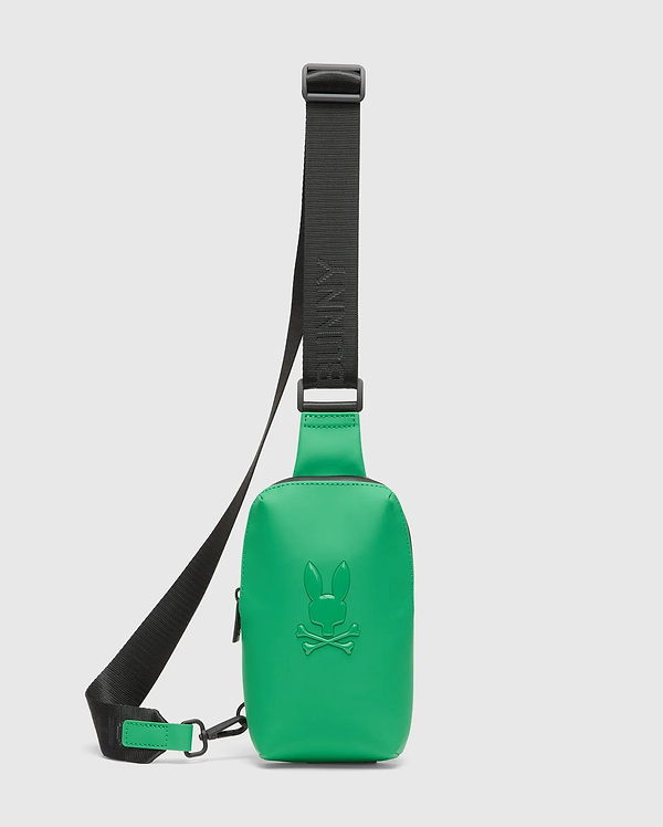 Mens Rubberized Crossbody in vibrant green with a smooth, rubberized texture, featuring a large embossed Psycho Bunny skull logo on the front and an adjustable black strap with Psycho Bunny branding.