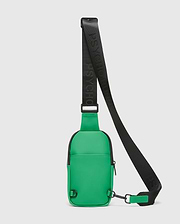 Bright green Mens Rubberized Crossbody bag with a smooth texture, black trim, and a black webbing strap featuring repeating Psycho Bunny text branding.