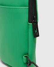 Mens Rubberized Crossbody in bright green with a smooth, rubberized finish, featuring a black zipper, hardware, and a small Psycho Bunny skull logo cutout on the zipper pull.