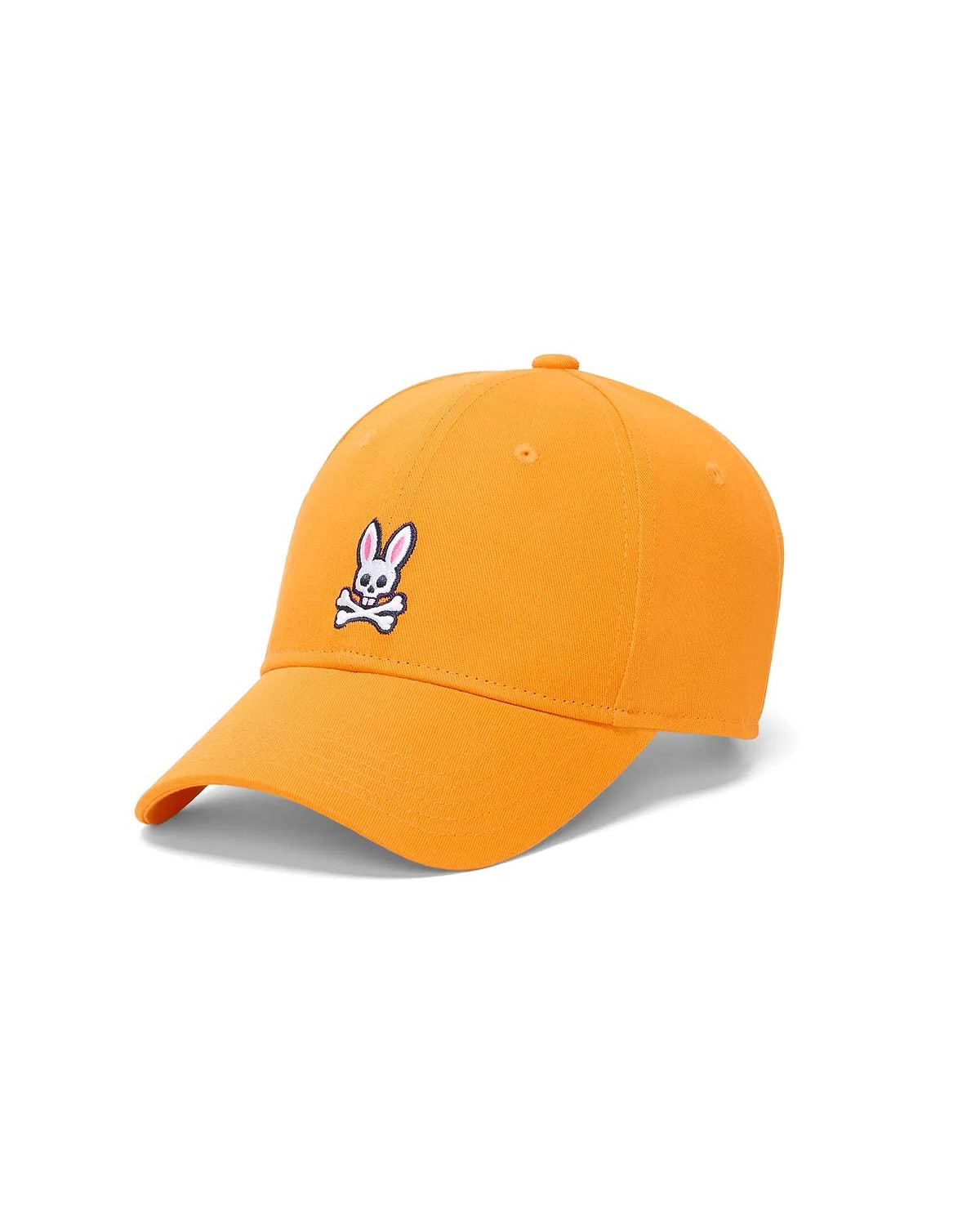 Mens Classic Baseball Cap in vibrant orange cotton twill, featuring a medium-sized embroidered Psycho Bunny skull and crossbones logo in white, black, and red on the front.