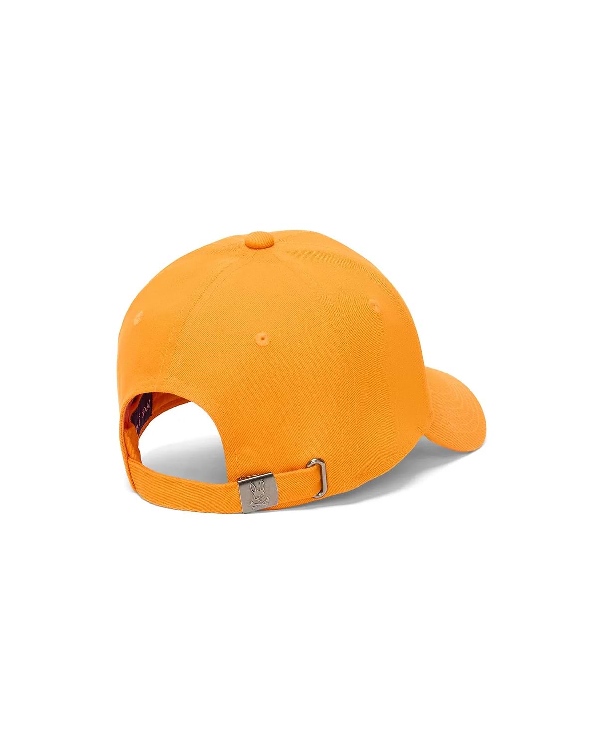 Mens Classic Baseball Cap in vibrant orange cotton twill, featuring an adjustable strap with a gunmetal buckle engraved with the iconic Psycho Bunny skull logo at the back.