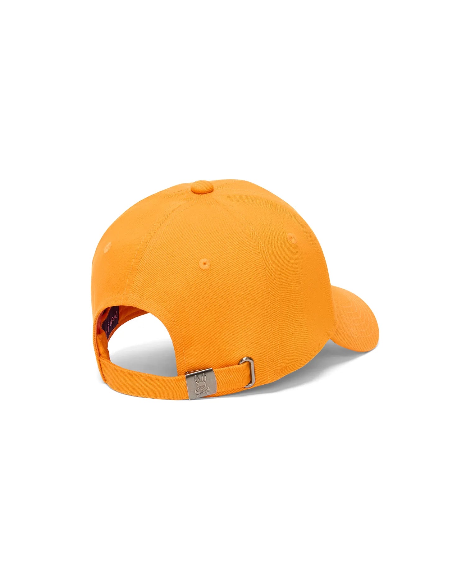 Mens Classic Baseball Cap in vibrant orange cotton twill, featuring an adjustable strap with a gunmetal buckle engraved with the iconic Psycho Bunny skull logo at the back.