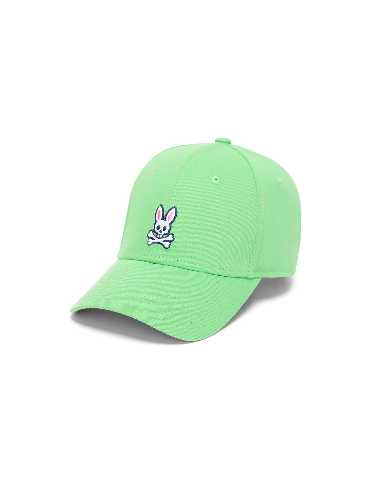 Bright lime green Mens Classic Baseball Cap crafted from durable cotton twill, showcasing a prominent embroidered Psycho Bunny skull logo in white, navy, and pink on the front.
